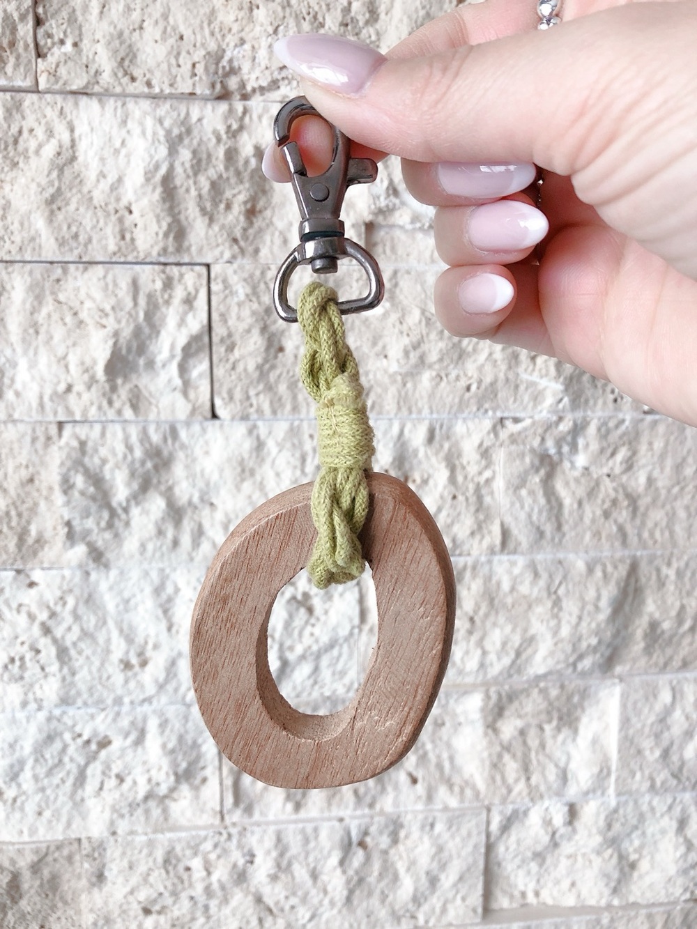 Bag Charm Wooden O-Ring Keychain green chartreuse cord